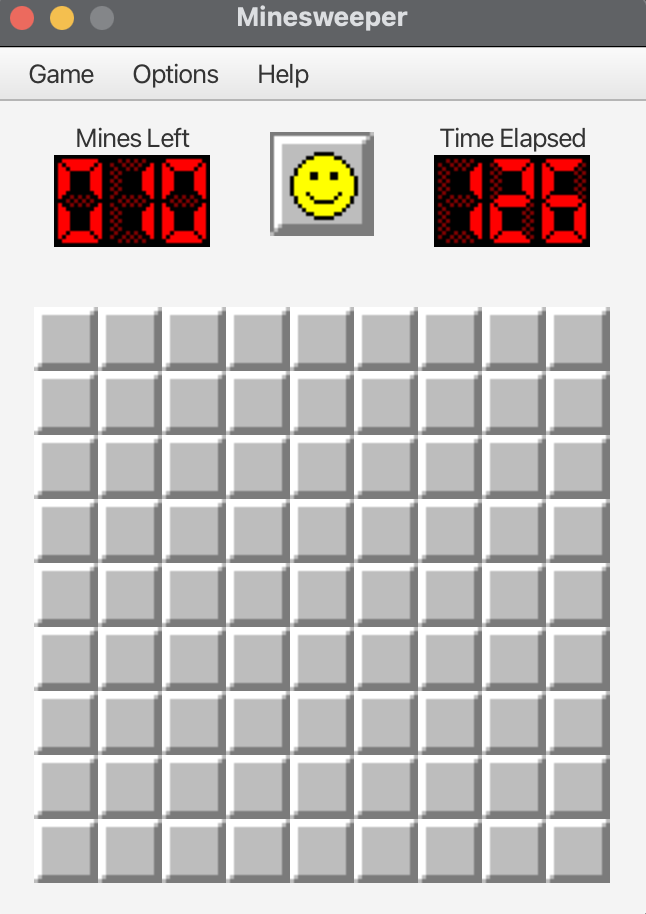 Minesweeper running in JavaFX — menu bar, mine counter, smiley reset button, elapsed timer, and a grid of unrevealed tiles