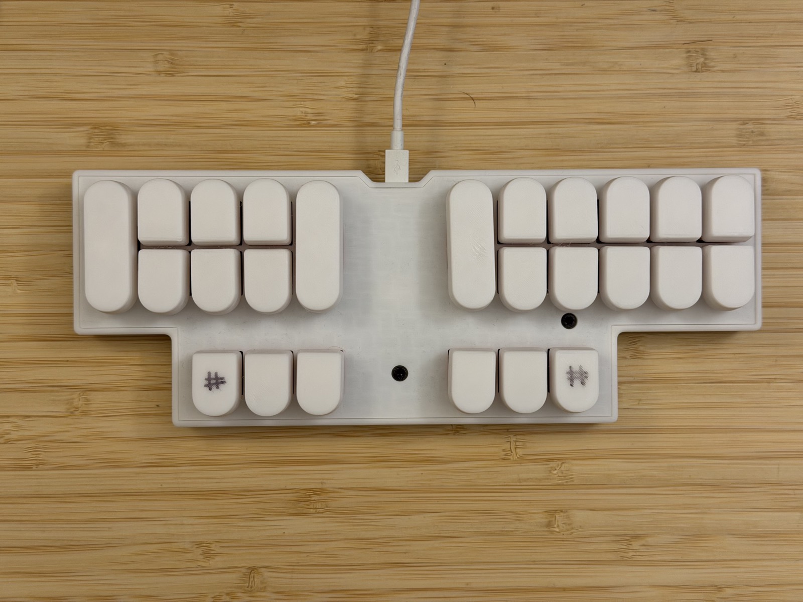 Finished steno keyboard photographed from directly above — white printed case, 25 white keycaps in two profiles, USB cable exiting the top edge, on a bamboo desk